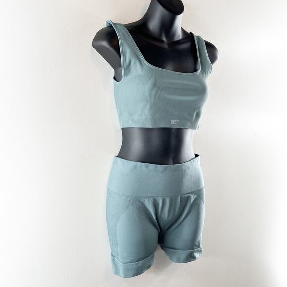 SET Active Sculptflex Power Ribbed Sports Bra Bike Short Set Muted Blue Large - Picture 7 of 8
